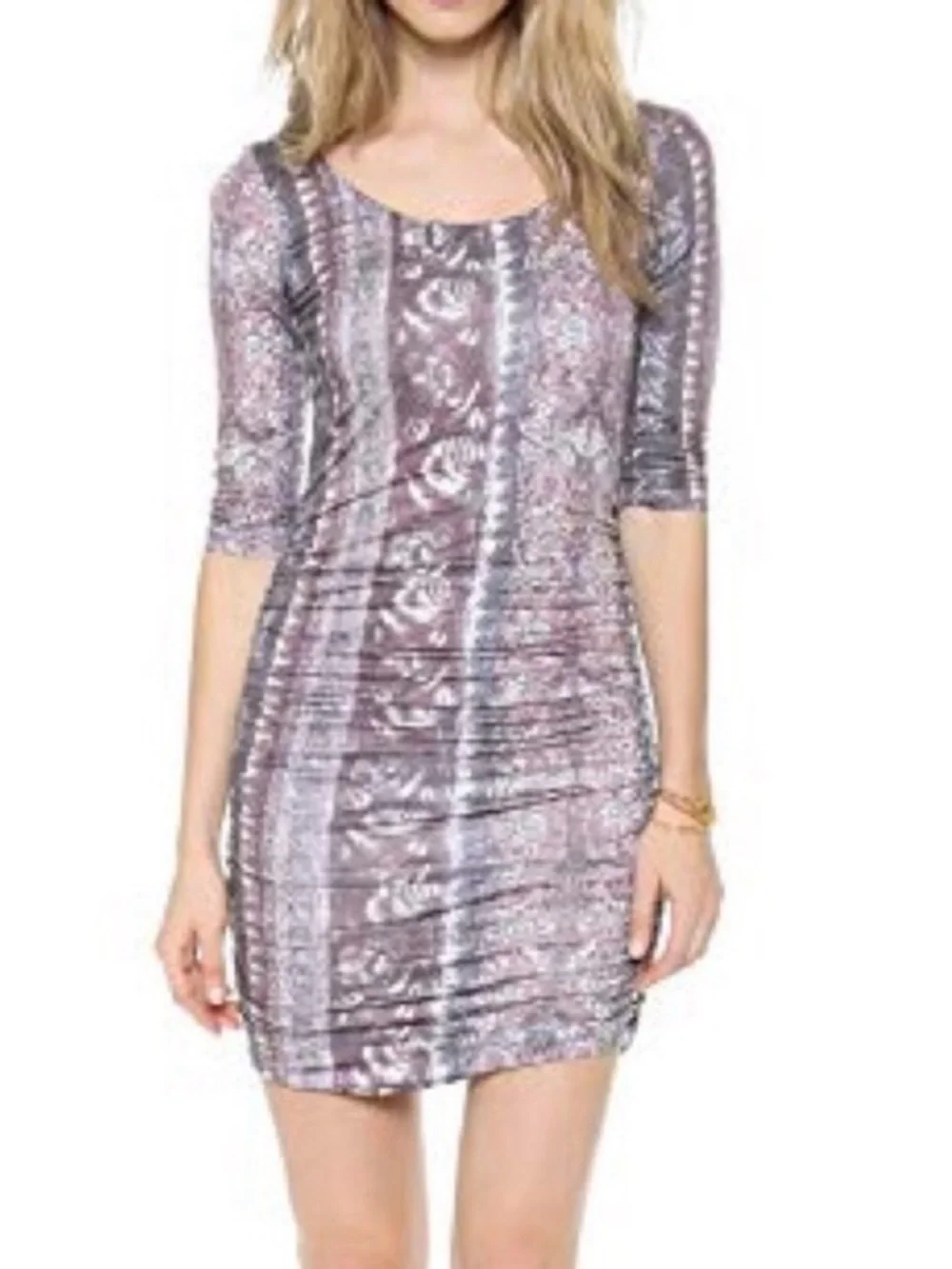 Free People Jasmine Mini Dress Size S Purple Printed Ruched Bodycon Elbow Sleeve